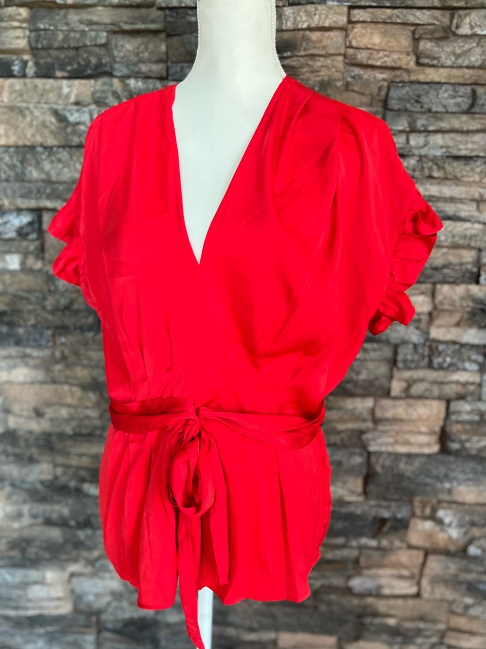 Max Studio Red V-Neck Tie-Waist Blouse